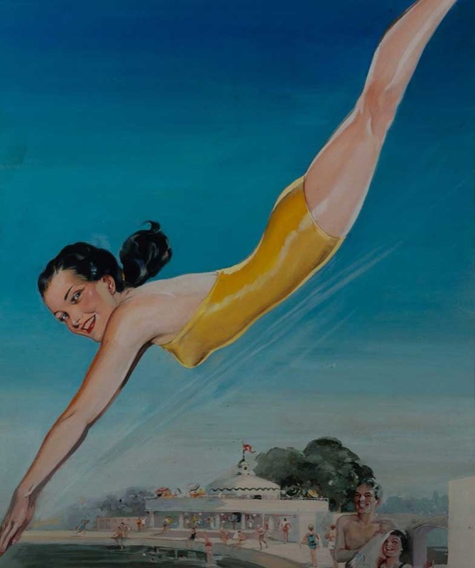Painted Ovaltine advertising artwork of a smiling woman in a yellow swimsuit diving through a bright blue sky above a busy 1930s lido.